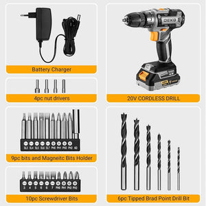 PRO Cordless Drill 20V Electric Power Drill Set Tool Drills Cordless Set with Battery and Charger 20 Volt Drill Driver Kit
