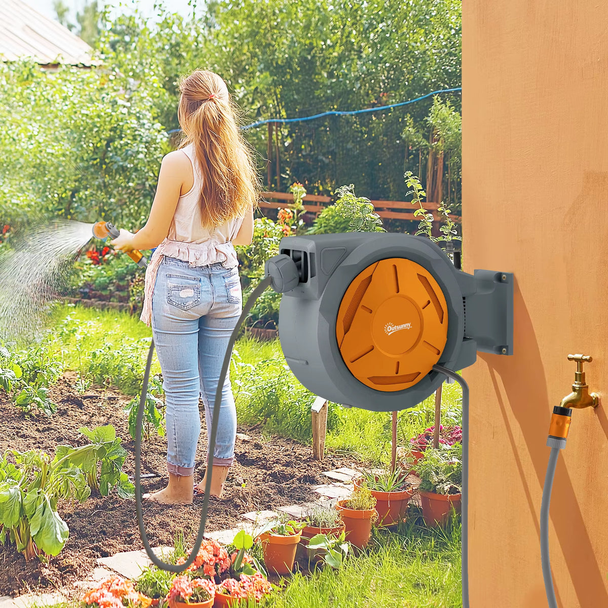 Outsunny 30m Retractable Garden Hose Reel, Anti-Burst