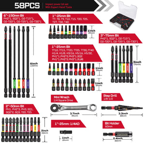 58Pcs Tools Set Packaged with Impact Screwdriver Bits,Mini Wrech,Step Drill,Socket Adapter and Bit Holder for DIY