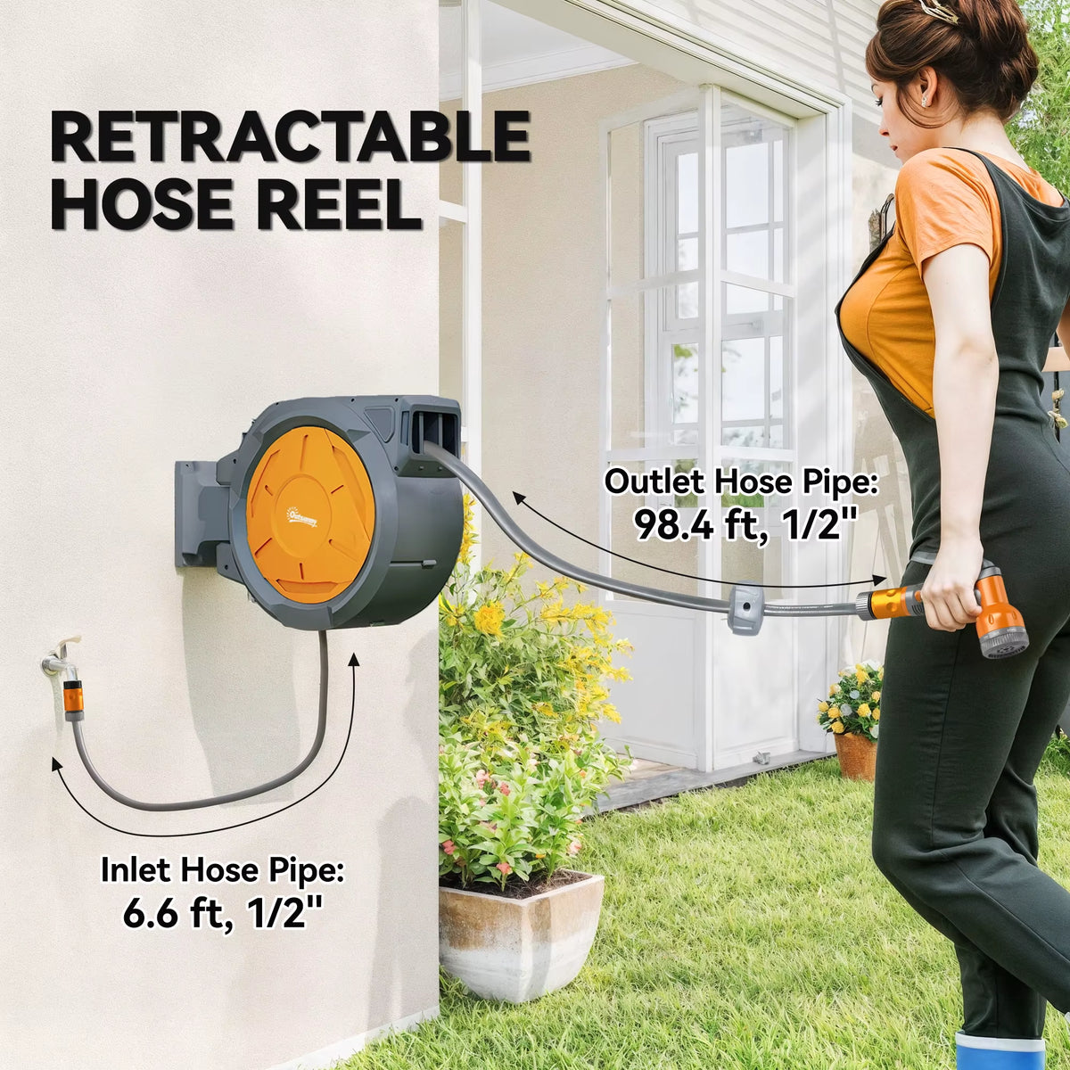 Outsunny 30m Retractable Garden Hose Reel, Anti-Burst